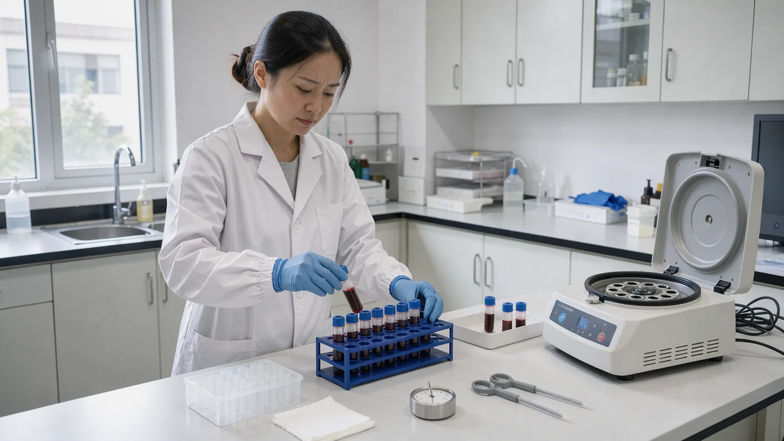 An adult laboratory technician arranging capped sample tubes beside an open centrifuge