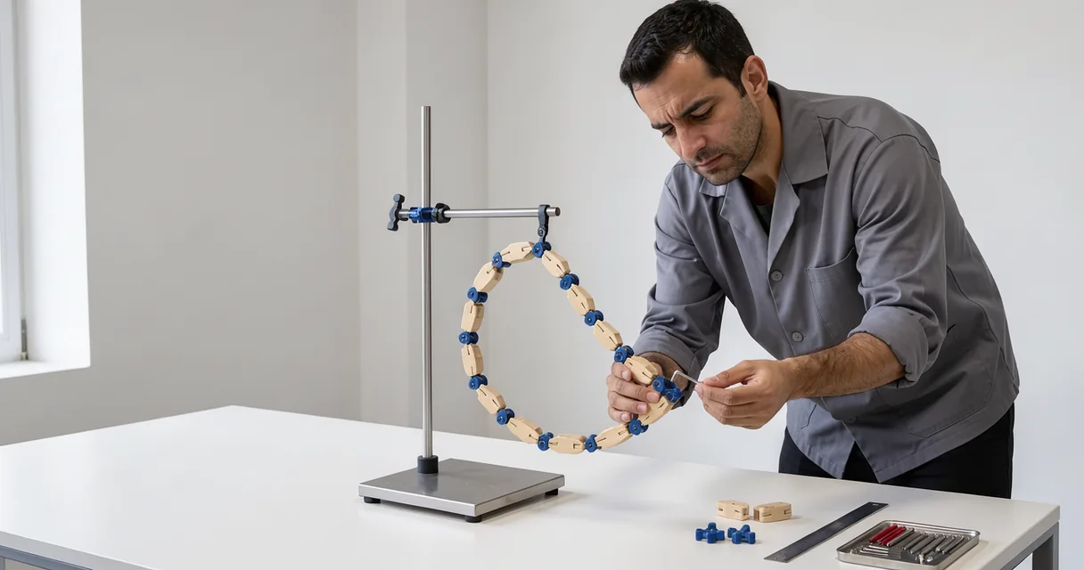 An adult model maker adjusting a white molecular loop with cobalt joints on a teaching stand